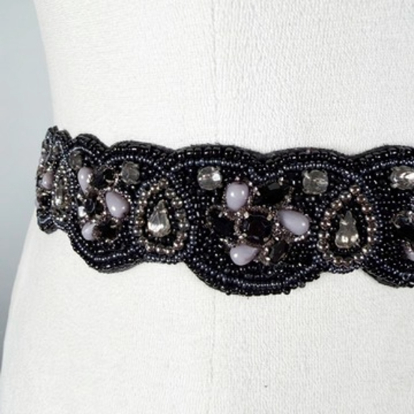 Stunning Special Occasion Statement Waist Belt Black Blue Beaded Stretch Size S